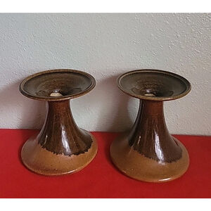 VTG SET OF 2 STONEWARE SIGNED CANDLE HOLDERS. 4" Tall
